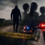 Man walking away along a dirt road behind Arabic crime-scene tape; police car lights glow, with a faint overlay of a family silhouette on the right.
