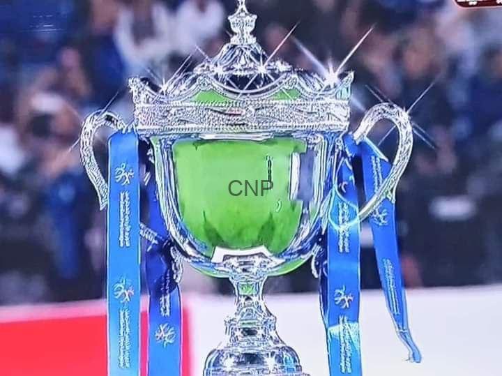 Silver trophy with blue ribbons and a green cup, labeled CNP, on a sports stage.