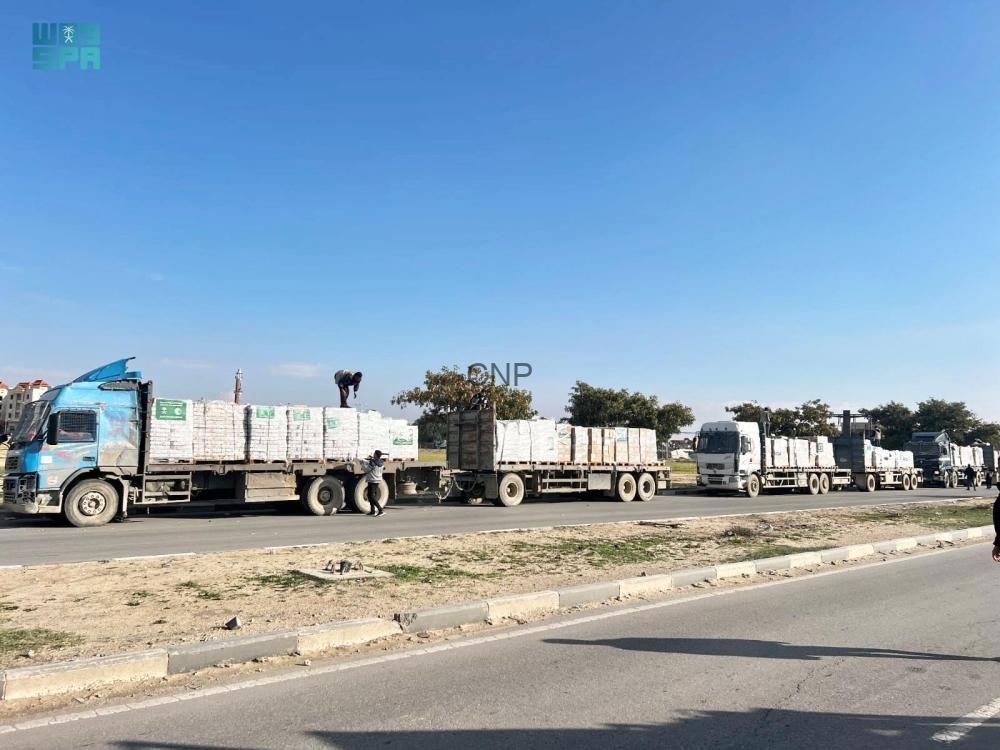 Line of blue trucks carrying stacked white pallets along a road under a clear blue sky.