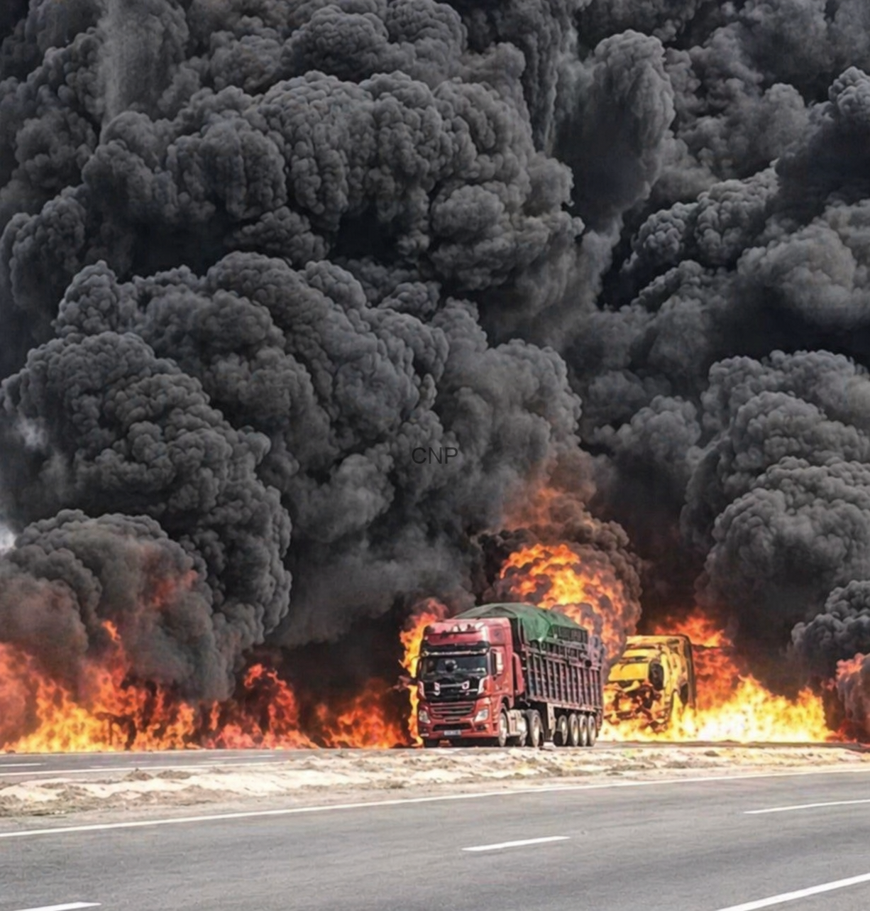 file_0000000077b871fdb5920f08954974a8 - Center News Network Two trucks on a highway with intense flames and thick black smoke rising behind them, indicating a large fire nearby.