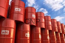 oil - Center News Network Stacked red oil barrels outdoors under a blue sky with clouds, labeled OIL.
