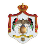 National coat of arms: crown atop a shield with banners, central emblem, and a decorative ribbon below.