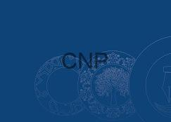 CNP logo on a dark blue background featuring decorative circular patterns.
