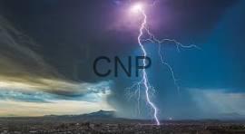 weath - Center News Network Lightning bolt striking over a flat desert landscape at dusk with a stormy sky; watermark 'CNP' across the center.