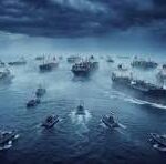 A large fleet of warships sails on a choppy ocean beneath a dark, stormy sky, with a 'CNP' watermark in the center.