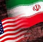 Overlapping flags of the United States and Iran, symbolizing diplomatic relations or international symbolism.