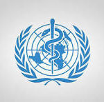 World Health Organization emblem: rod of Asclepius over a globe, encircled by a wreath of olive branches and laurel leaves.