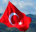 Turkish flag waving in the wind with the white crescent and star on red, mountains in the background.