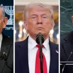 Collage of three male world leaders delivering speeches at podiums.