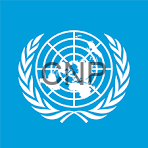 unn - Center News Network United Nations emblem centered on bright blue background, showing a world map enclosed by olive branches.