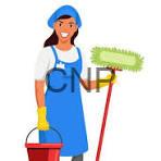 Smiling woman in blue overalls and yellow gloves holds a red bucket and mop, ready to clean.