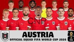 Austria national football team squad photo in red jerseys, posing in two rows for FIFA World Cup 2026.