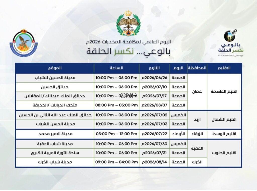 Poster schedule for World Drug Day 2026 in Arabic, listing dates, times, and venues across governorates.