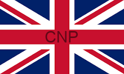 brit - Center News Network Union Jack with a thick red horizontal stripe across the center bearing the letters 'CNP'.