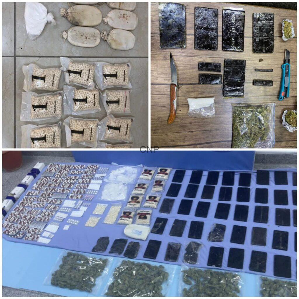 drrr2 - Center News Network collage of seized drugs and drug paraphernalia: top left shows bags of white pills; top right displays rectangular bricks of wrapped substance, a knife, a utility blade, small bags with green plant material, and a scale; bottom shows numerous mobile phones and packaged items laid out for trafficking; overall an evidentiary presentation of drug trafficking materials.