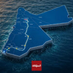 Blue 3D map of Mauritania with labeled regions and a highlighted route, floating on the sea; CNP text visible.