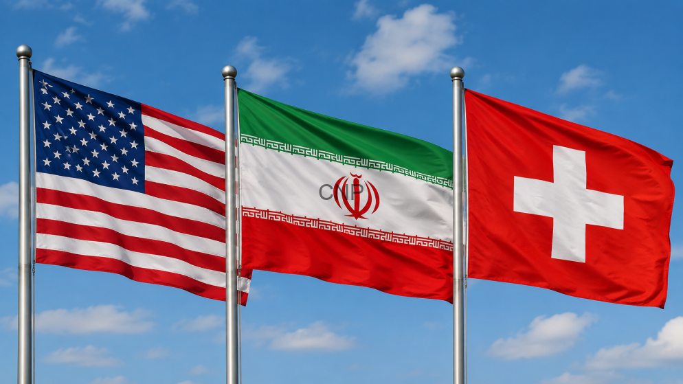 swiss - Center News Network Three national flags—United States, Iran, and Switzerland—flying on flagpoles against a blue sky with scattered clouds go by in the wind?
