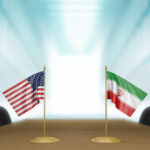 Two national flags (USA and Iran) mounted on a conference table in a bright meeting room, with 'CNP' displayed between them on a white screen.