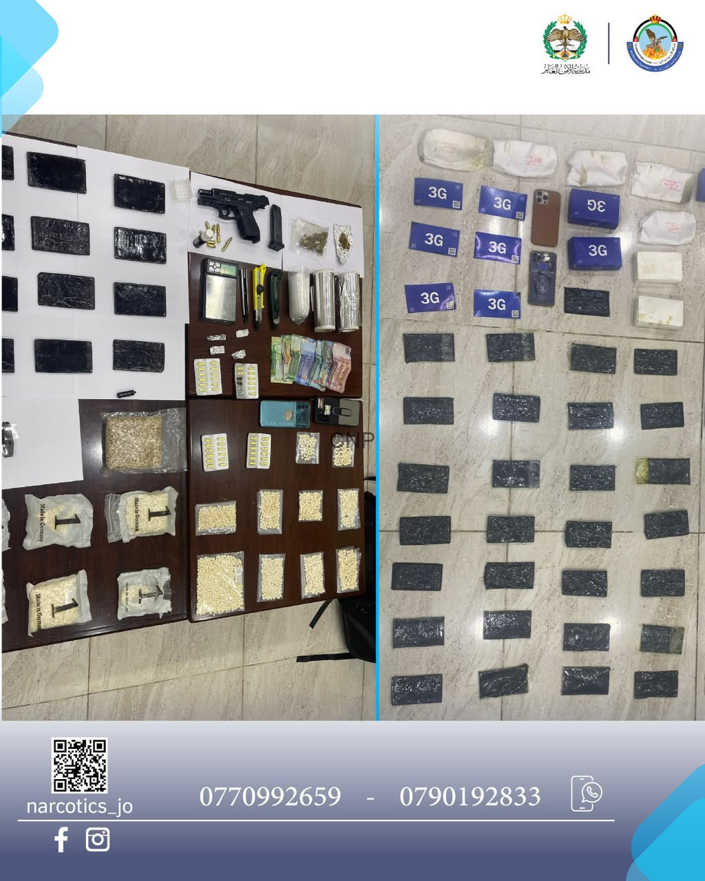 Police seizure display: firearms, bags of pills, powders, cash, and packaging laid out on tables for evidence.