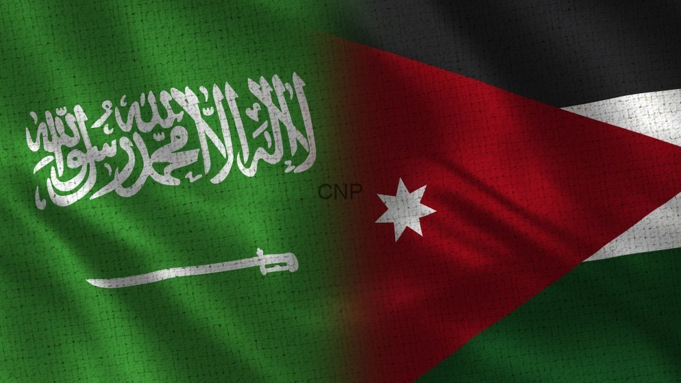 Composite flag image blending Saudi Arabia's green flag with the Jordanian flag (red triangle and white star) in a seamless merge.