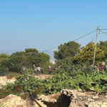 Group of hikers near bright green dome tents on a rocky hillside with cactus and stone walls under a clear blue sky.