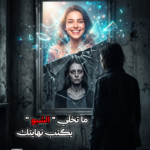 A man stands before a cracked mirror showing a smiling woman above and a distressed woman below, symbolizing contrasting identities; Arabic text and helpline info overlay the poster.