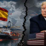 Split image depicting US-Spain tensions: Spanish port, ship, and flag on the left, President Trump with American cargo crates on the right, divided by a jagged crack.