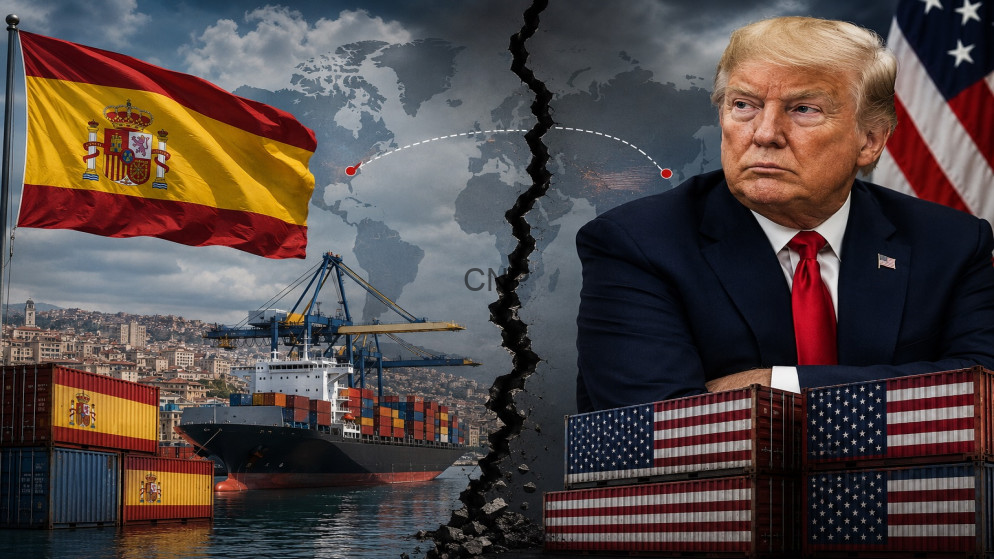 image - Center News Network Split image depicting US-Spain tensions: Spanish port, ship, and flag on the left, President Trump with American cargo crates on the right, divided by a jagged crack.