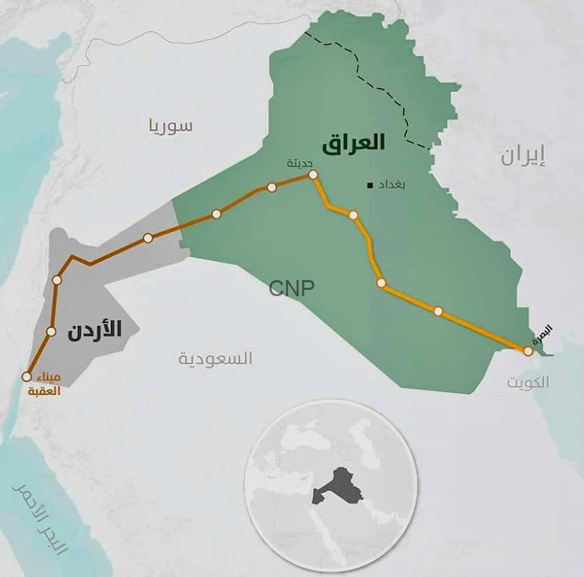 image - Center News Network Map showing an orange transit route across the Middle East from Kuwait through Iraq toward Jordan, with several stop points along the way.