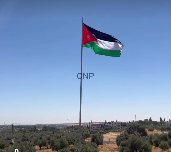 Palestinian flag waving on a tall flagpole over a rural landscape with olive trees.