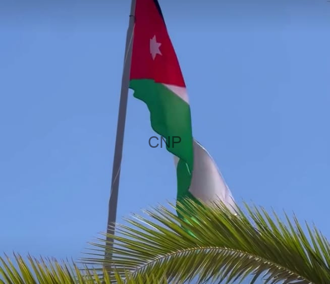 Jordanian flag fluttering on a flagpole against a clear blue sky, with palm fronds in the foreground.