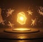 CNP logo glowing on a pedestal with sparkling particle effects and warm light