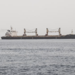 Large cargo ship with two gantry cranes sailing on a calm, gray sea under a pale sky.