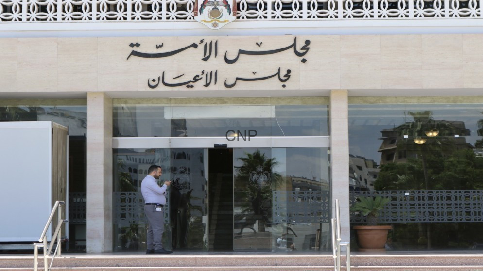 image - Center News Network Man in gray clothing stands at the glass entrance of a government building, Arabic signage above the doors, and 'CNP' on the door.