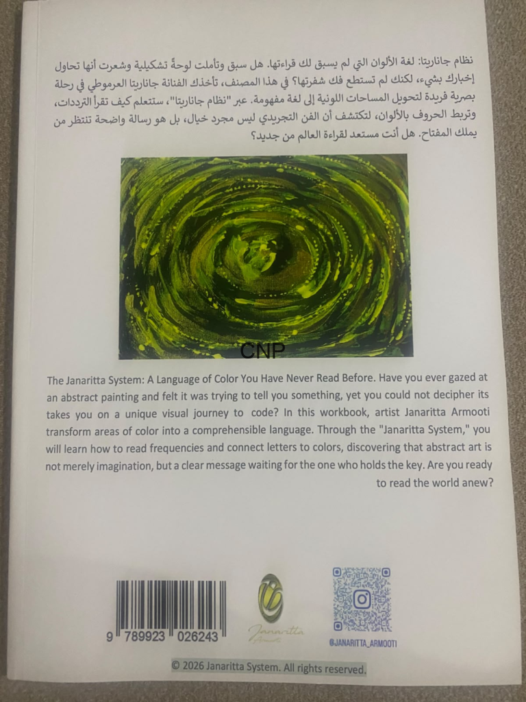 Page with Arabic paragraph above and English description below, featuring a green swirling abstract painting in the center.