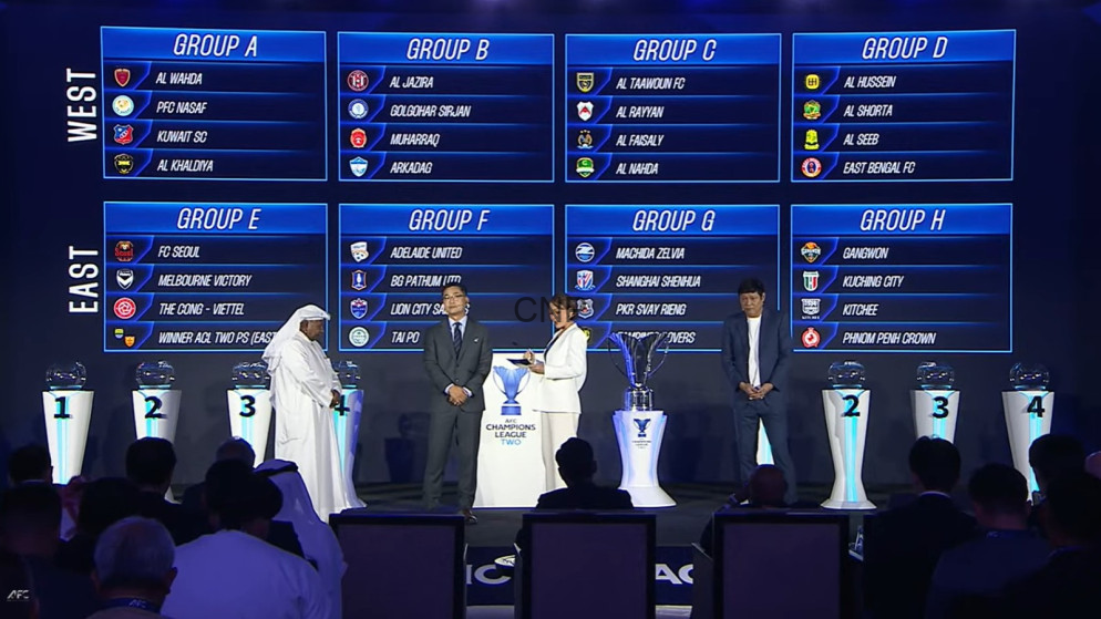 Stage with a large screen showing Groups A–H for a football draw; two presenters shake hands while trophies sit on pedestals and an audience watches.
