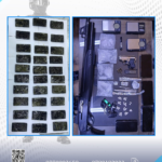 Two-panel image: left side shows many rectangular bundles wrapped in dark material laid out in rows; right side shows a rifle, a handgun, digital scales, foil-wrapped packages, loose pills, and a phone on a table.