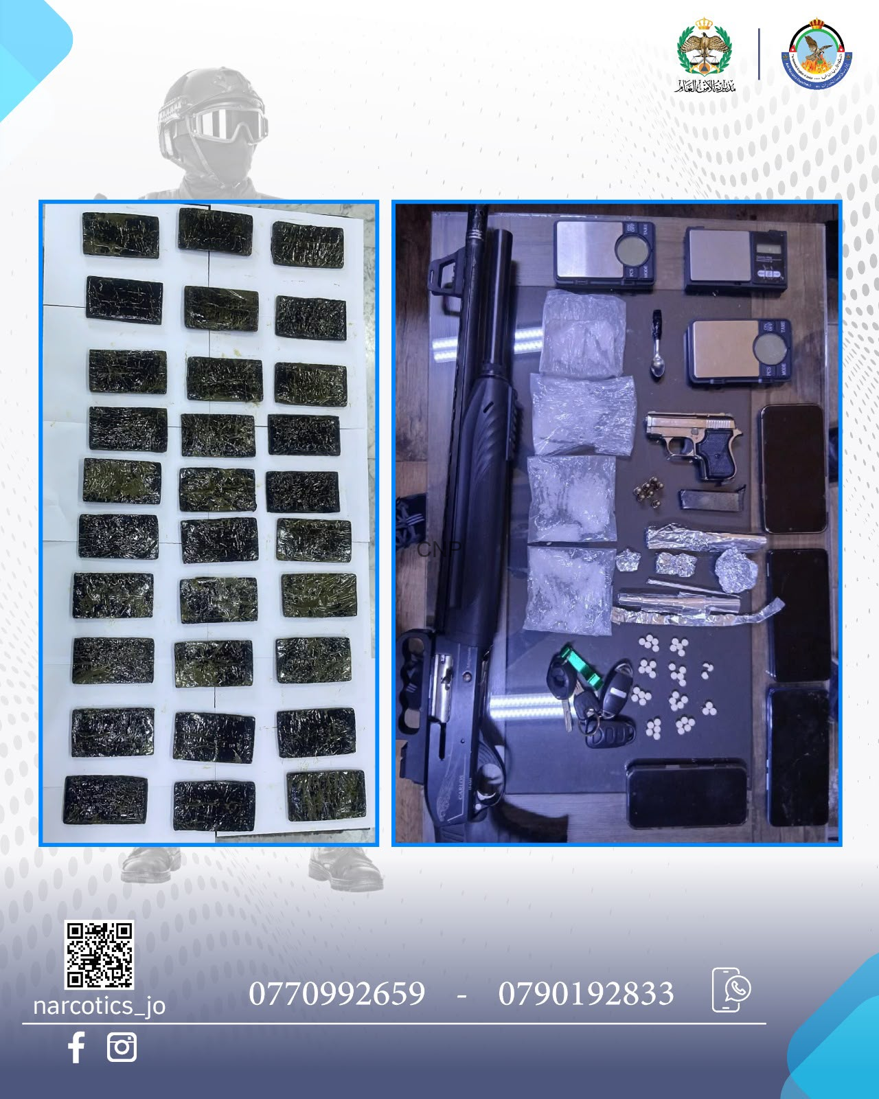 image - Center News Network Two-panel image: left side shows many rectangular bundles wrapped in dark material laid out in rows; right side shows a rifle, a handgun, digital scales, foil-wrapped packages, loose pills, and a phone on a table.