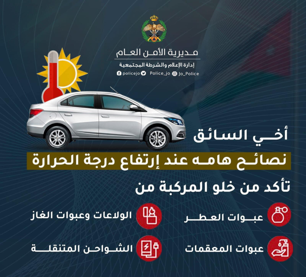 الأمن العام يحذر من الكتلة الهوائية الحارة ويدعو إلى الالتزام بالإرشادات الوقائية حفاظاً على السلامة العامة