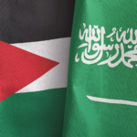 Two national flags overlapped: Jordan (left) with a red triangle and white star, and Saudi Arabia (right) in green with Arabic inscription and a sword.