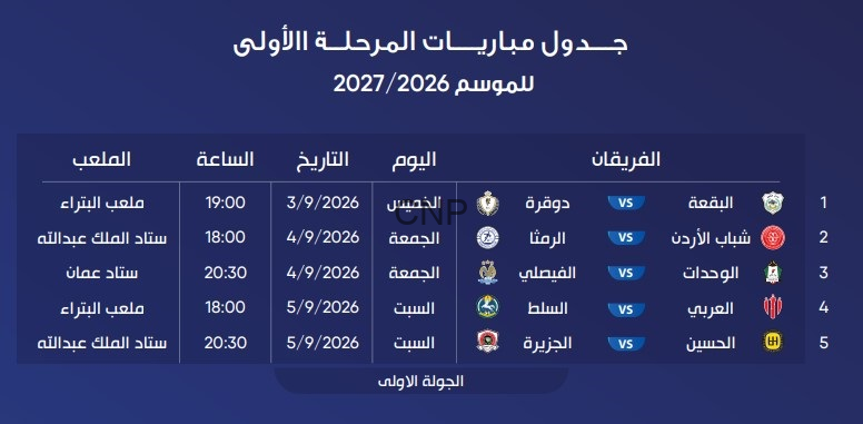 جدول مباريات المرحلة الأولى من موسم 2026/2027 يعرض الفرق المتنافسة، التواريخ، والملاعب. موضوعه جدول مباريات كرة قدم عربي.