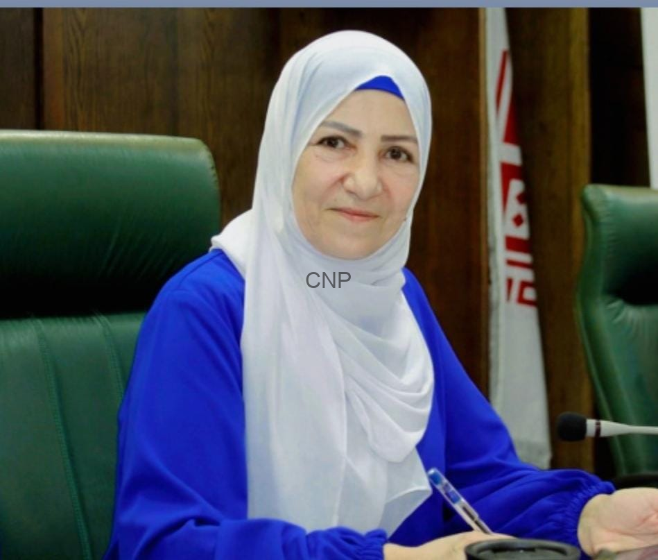 Woman in a white hijab and blue outfit seated at a conference table, looking at the camera.