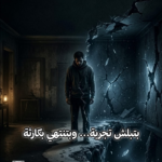 Man stands in a ruined, dark room with a glowing blue crack in the wall, Arabic slogan and drug-help contact info visible at the bottom.