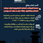 Infographic from General Security announcing an electronic financial service for detainees with a weekly 100 dinar limit, in cooperation with Jordan Post; prison watchtower silhouette at bottom.